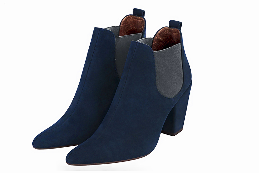 Navy blue and ash grey women's elegant sneakers. Tapered toe. High cone heels. Front view - Florence KOOIJMAN